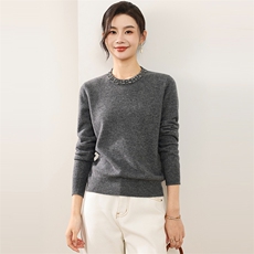 高端重工钉钻100%纯羊毛针织衫女灰色宽松显瘦百搭保暖毛衣秋冬，女装羊毛衫，佰旭羊绒