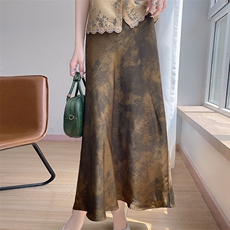 新中式国风高腰显瘦半身裙渲染缎面A字裙半身长裙垂坠感印花裙子，女装半身裙，圣丽羊绒