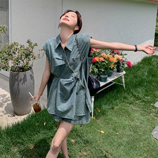 2025新款设计感复古牛仔套装女个子不规则无袖衬衣短裤两件套，女装套装/套裙，2C166