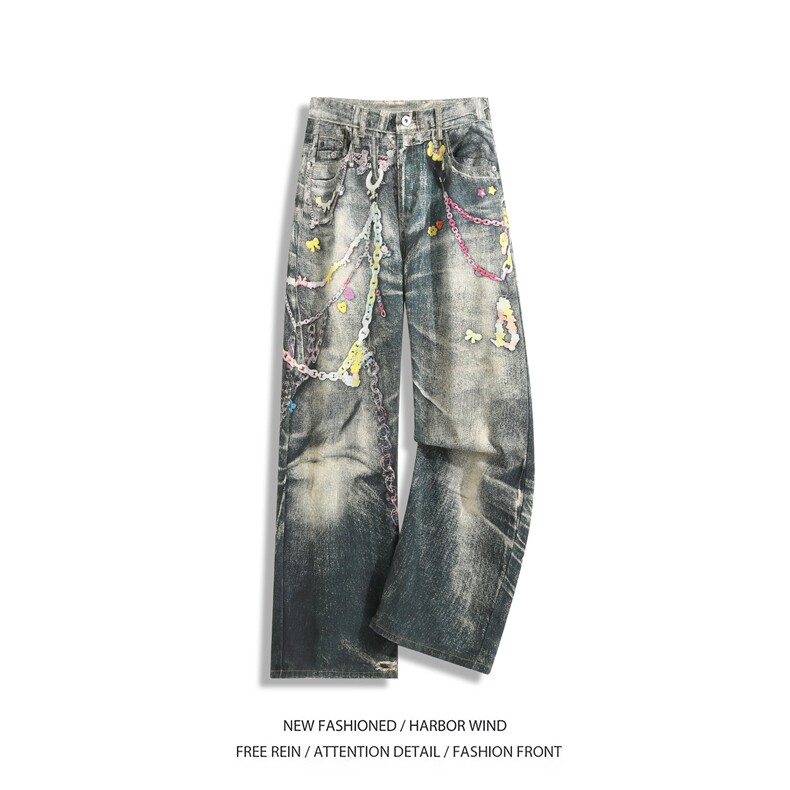 夏季新款美式高街水洗印花裤链设计牛仔裤B315-K25445-特p50控98图片