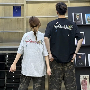 万针全刺绣工艺抖音得物高品质260克重磅纯棉双纱美式高街短袖T恤图片