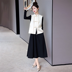 现货新中式套裙女2024年春季新款提花复古盘扣马甲连衣裙两件套，女装套装/套裙，火爆靓佳人