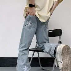 蓝色星星牛仔裤男夏秋季美式高街设计感宽松直筒休闲裤6005/P48，男装牛仔裤，星座506