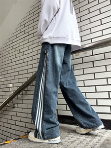 水洗条纹拼接阔腿牛仔裤休闲重工复古拉链工装牛仔长裤 XN859-P55图片