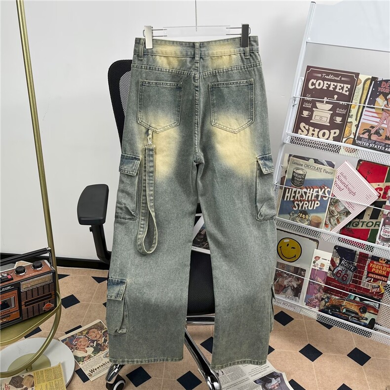 美式复古直筒黄泥染牛仔裤男女秋冬设计感多口袋宽松休闲C46/P56,男装牛仔裤,星座506B