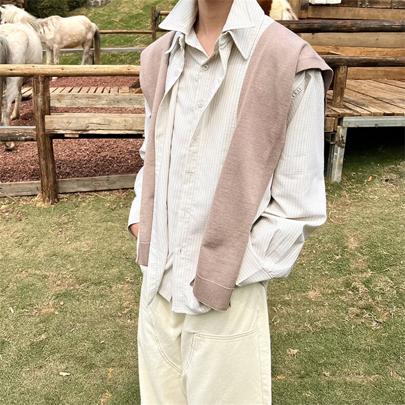 抖音得物品质二开春装美式潮牌披肩条纹长袖衬衫男女休闲宽松衬衣,男装衬衫,电商A486