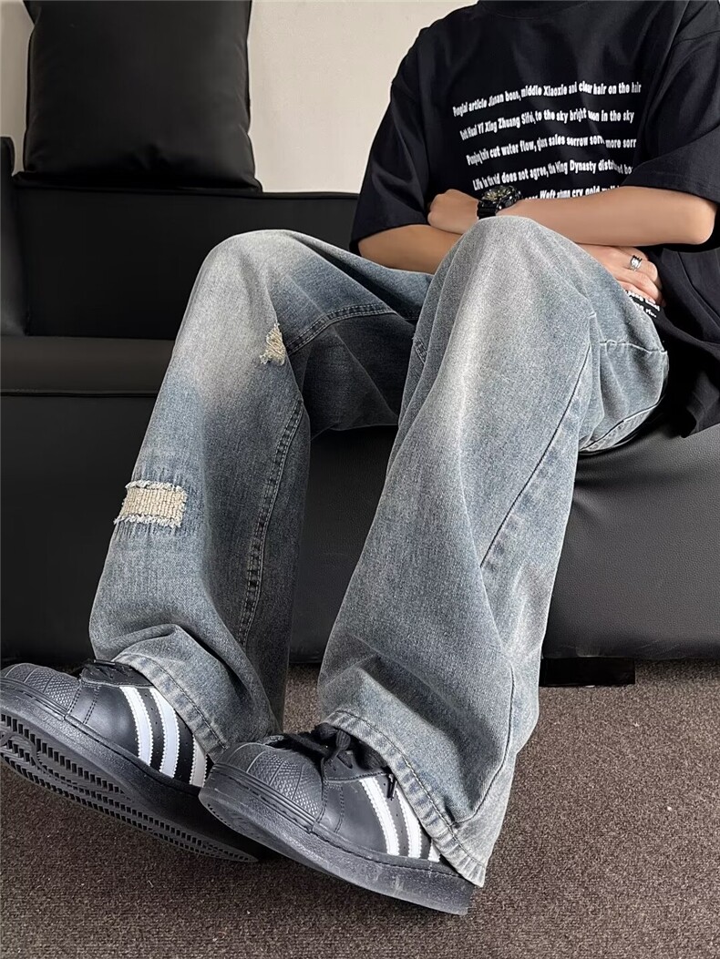 夏季美式贴布破洞牛仔裤男宽松直筒长裤街头复古ins潮阔腿拖地裤,男装牛仔裤,星座410-6（原星座1304-1）