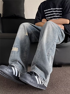 夏季美式贴布破洞牛仔裤男宽松直筒长裤街头复古ins潮阔腿拖地裤图片