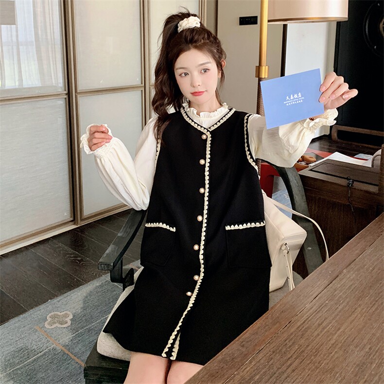 黑色小香风无袖连衣裙套装裙2025新款女春秋木耳边长袖上衣两件套,女装套装/套裙,2D078