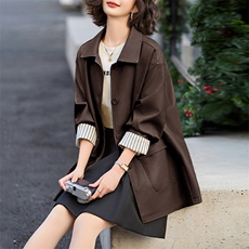 装饰扣简约中长款风衣2024春季新款经典条纹卷袖外套韩系西装领女，女装皮衣，美拉德工厂直营店