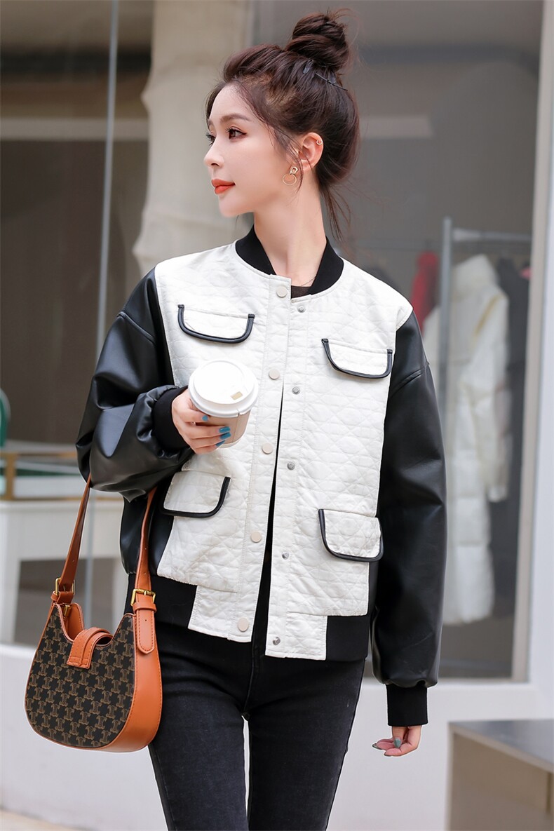 PU皮拼接假两件菱格棒球服女2022秋季新款时尚百搭纯色立领短外套,女装短外套,辉之琳