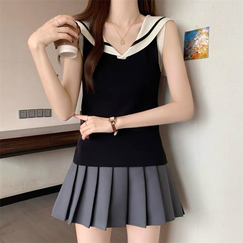 时尚条纹可外穿针织背心海军领复古减龄夏季小背心无袖冰丝t恤，女装背心吊带，暖姿羊绒