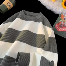 青少年休闲撞色条纹毛衣秋冬季慵懒风针织上衣情侣圆领保暖毛衣，男装针织衫/毛衣，星座715-4