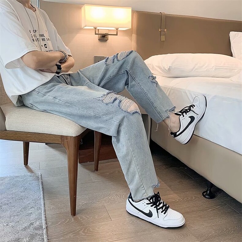 毛边破洞牛仔裤男夏季痞帅休闲裤韩版潮流宽松直筒九分裤N763-P42图片