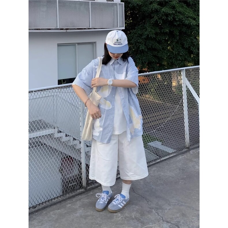 和平鸽印花竖条纹夏季短袖衬衫男女休闲宽松小众设计感衬衣外套潮,男装衬衫,星座506A