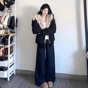 现货重磅硬挺boxy羽绒棉衣座山雕猫耳大毛毛领麂皮棉服冬外套图片