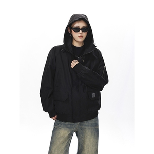 可二开发光贴片连帽工装冲锋衣大码M-5XL夹克女JK78076P85控128,女装短外套,星座226-1