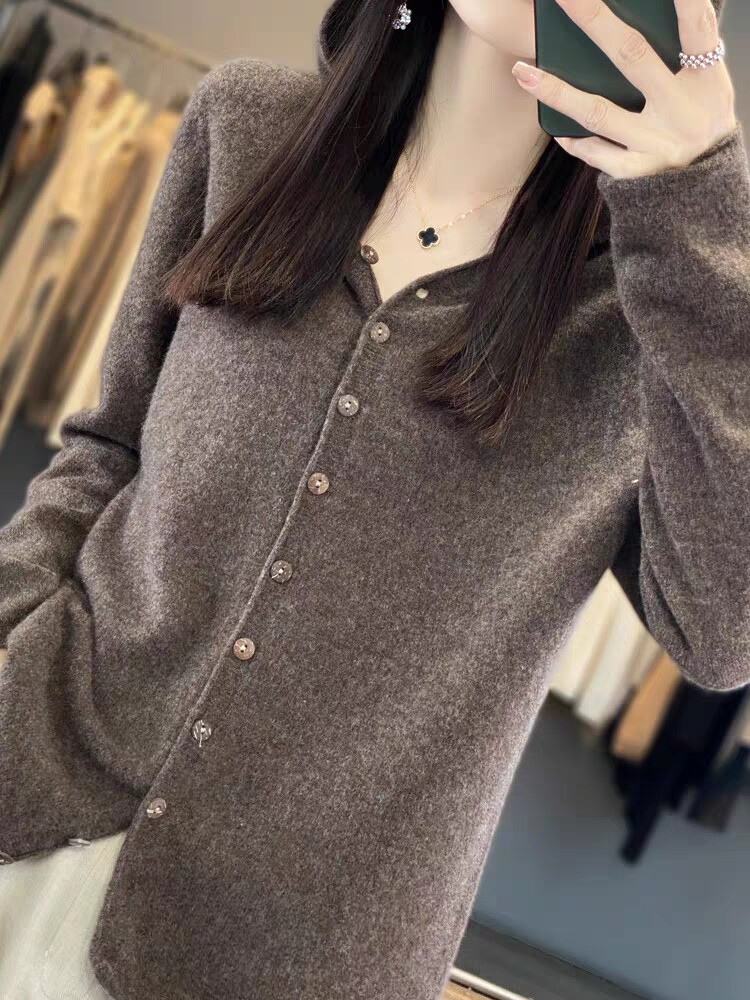 一线成衣100%纯羊毛连帽开衫女秋冬针织毛衣宽松慵懒羊绒外套帽衫,针织衫/毛衣,众美斯特