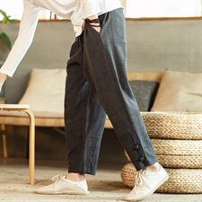 秋季新款男装盘扣棉麻风提花宽松小脚休闲裤室内藏青，男装休闲裤，电商B277(原6028)