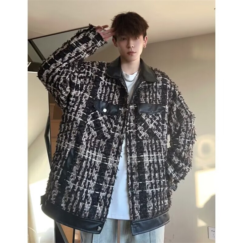 JY448-P69 时尚编织夹克男短款潮流宽松拼接休闲小香风外套图片