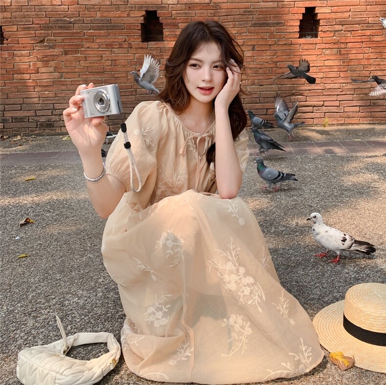 刺绣收腰橘色连衣裙女夏2025新款收腰显瘦气质绝美流行多巴胺长裙,女装连衣裙,浙宝208