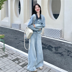 秋装新款！拼接牛仔外套阔腿裤两件套2C133-8980-P190-K258，女装套装/套裙，2C133