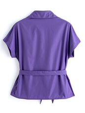 紫色系腰带短袖衬衫女收腰显瘦优雅小衫，女装衬衫，水衣源
