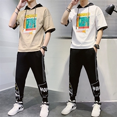 夏季薄款潮流运动休闲两件套印花短袖T恤九分裤套装男TZ230，男装T恤，电商A441