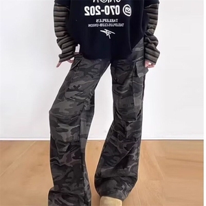 美式迷彩牛仔工装裤女夏季新款高腰宽松显瘦直筒休闲阔腿裤子图片