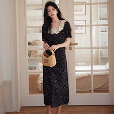 法式蕾丝花边领短袖连衣裙女2025夏季新款高级感气质长裙显瘦，女装连衣裙，艾米