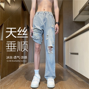 夏季新款美式高街复古破洞水洗冰丝牛仔裤B315-K24144-p55控78图片