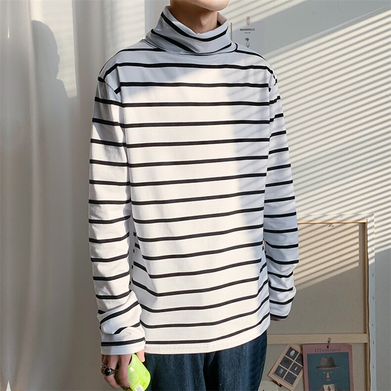 长袖T恤男士上衣潮流条纹秋冬季宽松高领衣服打底衫T709-P35,男装T恤,星座512-4