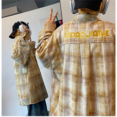 6049-P45春秋季复古潮流格子长袖衬衫男士上衣休闲刺绣衬衣外套，男装衬衫，电商B323A