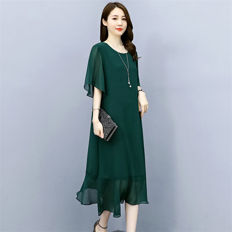（现货）大码雪纺连衣裙女2026夏新款胖MM遮肚宽松显瘦妈妈裙子,女装连衣裙,深妍伊美