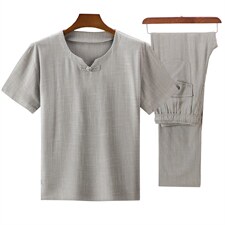 大货新款夏男款中老年风亚麻套装短袖T恤套装棉麻长裤爸爸装，男装中老年男装，钱塘723