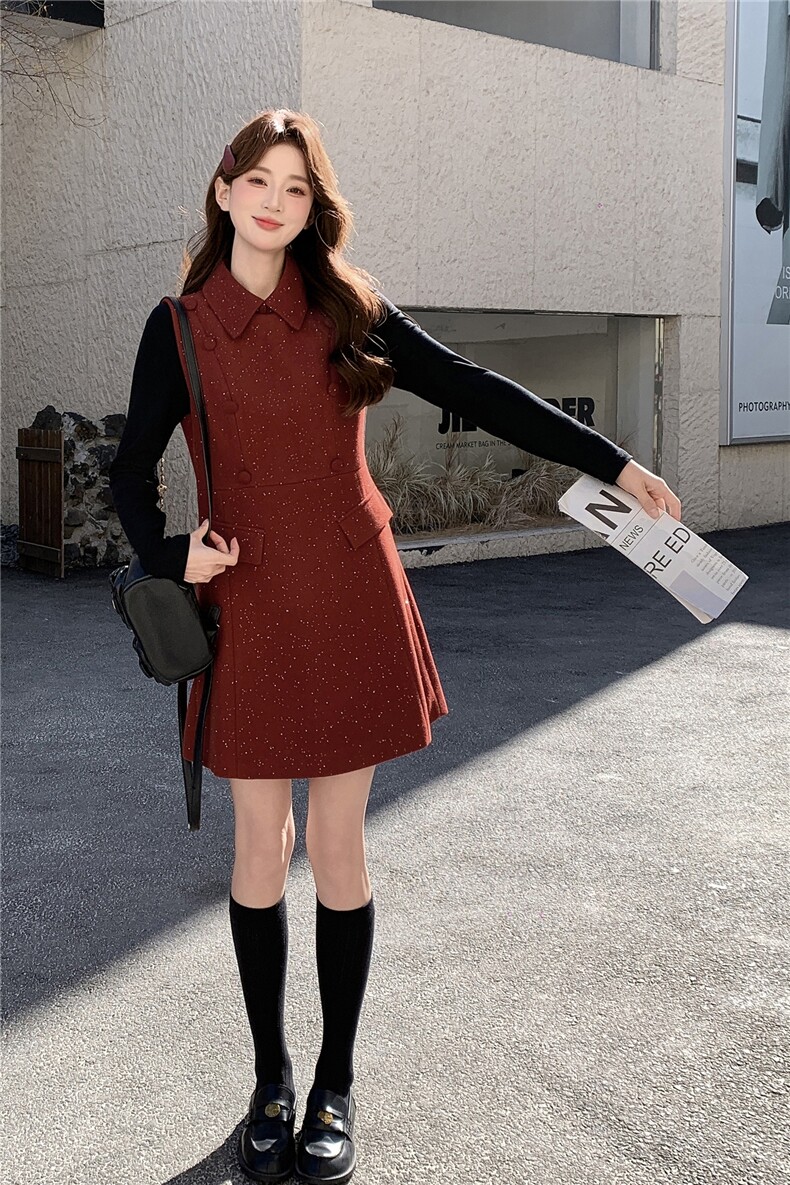 现货韩系高级感红呢料马甲+针织打底套装女2026春装新款两件套裙,女装套装/套裙,涵墨