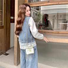 韩版蕾丝拼接牛仔马甲套装女2025春秋季新款显瘦T恤阔腿裤三件套，女装套装/套裙，2C307