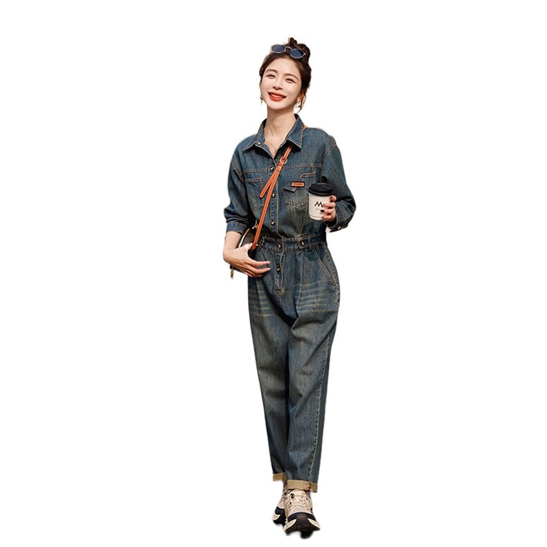 时尚显瘦牛仔连体裤女春季新款高腰宽松长袖工装裤百搭休闲裤,女装连体裤,秋水欣儿