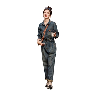 时尚显瘦牛仔连体裤女春季新款高腰宽松长袖工装裤百搭休闲裤图片