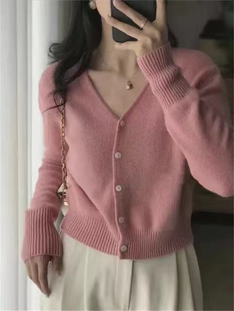 秋季新款短款针织开衫女V领长袖宽松显瘦百搭毛衣外套,女装羊毛衫,千御纺羊绒