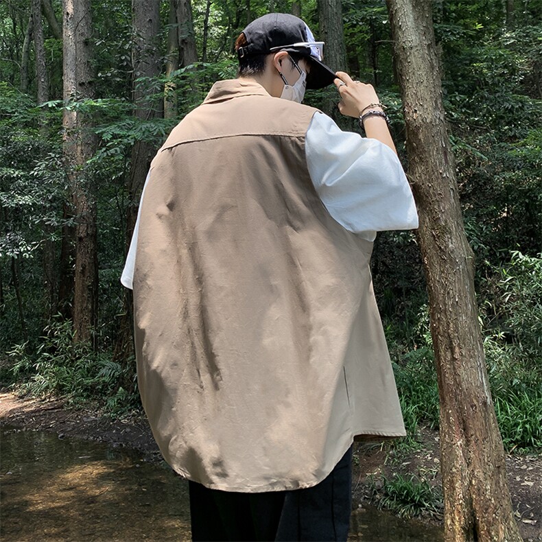 S85-P38日系复古假两件拼接短袖衬衫,男装衬衫,星座1501-1