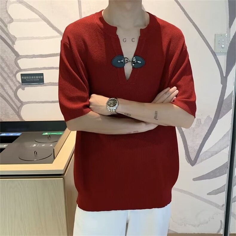 夏季个性短袖T恤男皮扣设计V领高级感红色薄款针织小众痞帅B201,男装T恤,星座1013