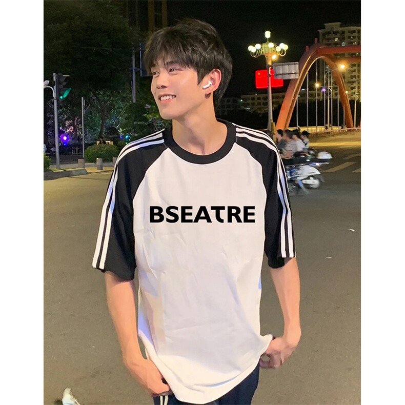 抖音得物品质二开240克宽松纯棉美式潮牌插肩三杠织带短袖T恤，男装T恤，电商A486