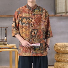 男士衬衫五分袖衬衣中袖印花立领唐装风XZ1512-2605-P45，男装T恤，星座1512