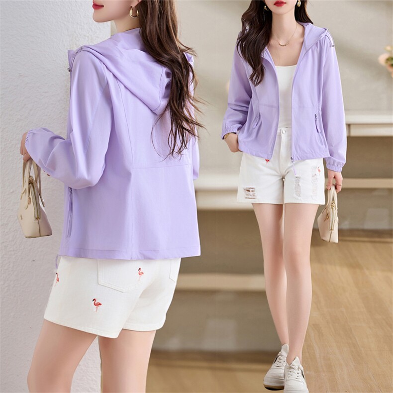 小个子时尚紫色薄款外套女短款2025夏季新款连帽透气户外防晒衣潮，女装防晒衣，沐七七