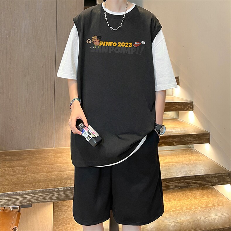 直播品质美式宽松纯棉背心无袖t恤短裤大码两件套套装TZ09-P58,男装T恤,电商A486