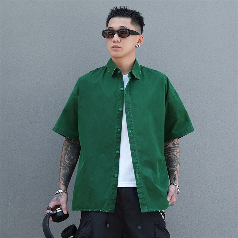 美式工装衬衫短袖夏季宽松纯棉脏染衬衣男A436-0601E-P4068,男装衬衫,电商A436
