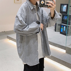 港风秋季新款休闲宽松衬衣男外穿条纹百搭长袖衬衫CS23/，男装衬衫，电商D202