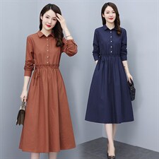 高档长袖棉麻连衣裙女2023秋季新款气质收腰显瘦休闲百搭纯色裙子，女装连衣裙，鑫思依格