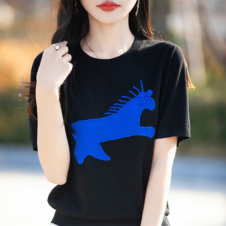 春夏刺绣小马精纺羊毛衫针织短袖T恤女圆领拼色宽松半袖打底上衣，女装T恤，片语羊绒